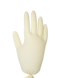 Photo of Inflated sterile medical glove on white background