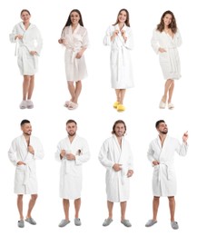Image of People wearing bathrobes on white background, collage 