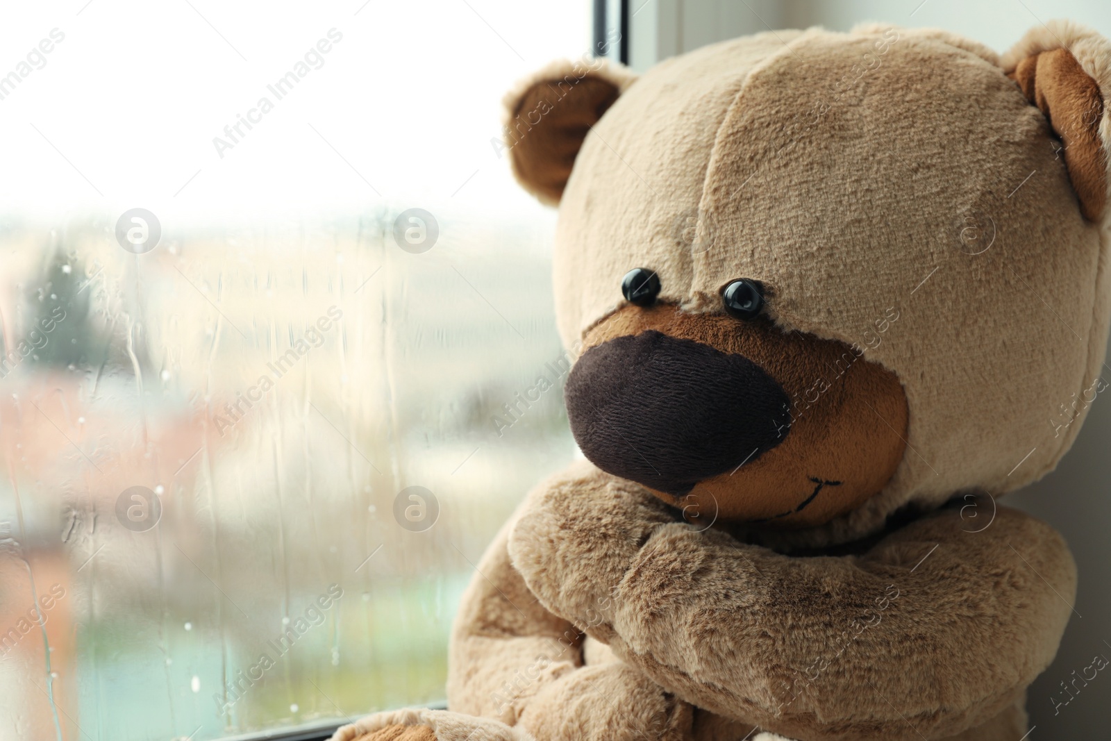 Photo of Cute lonely teddy bear on windowsill indoors, closeup. Space for text