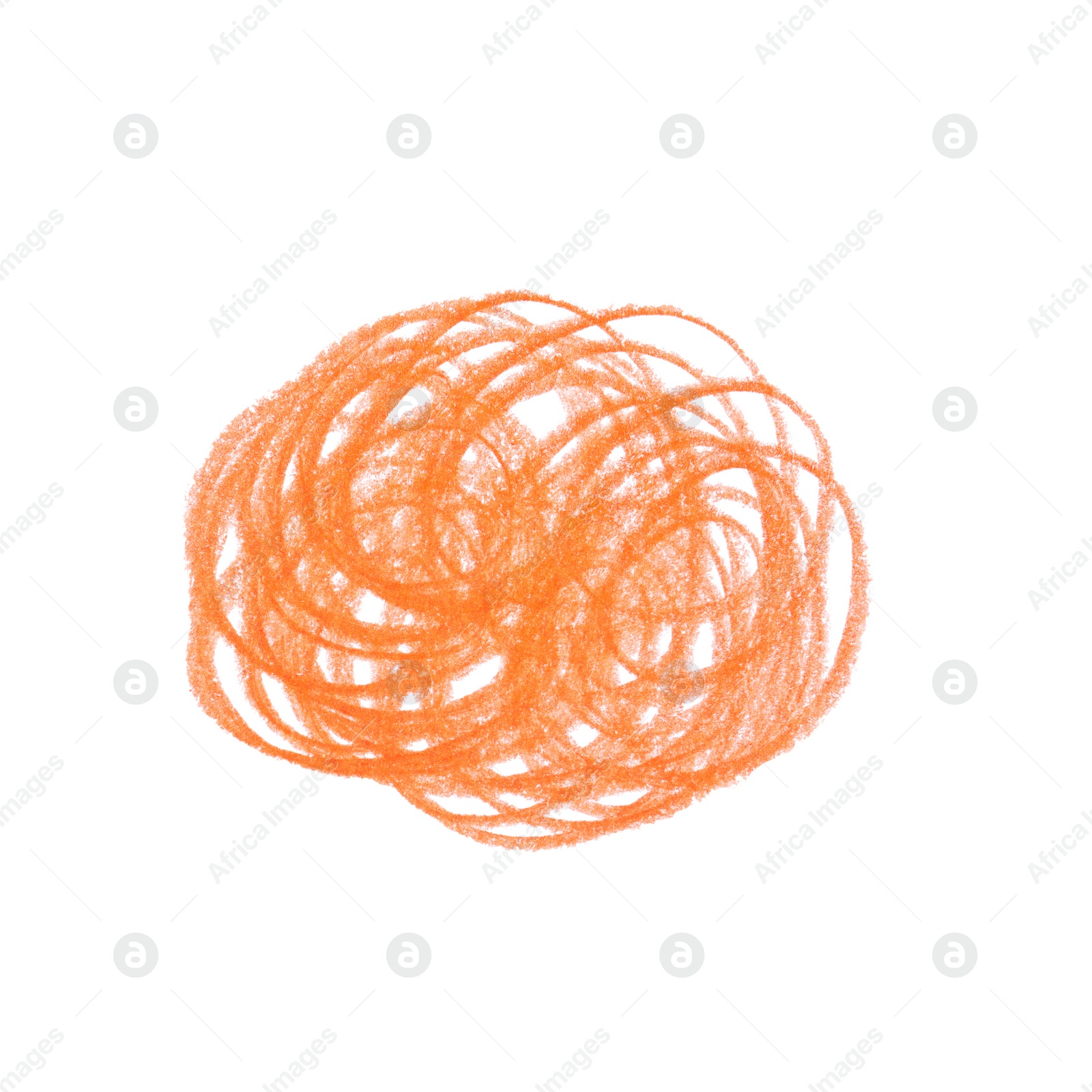 Photo of Orange pencil scribble on white background, top view