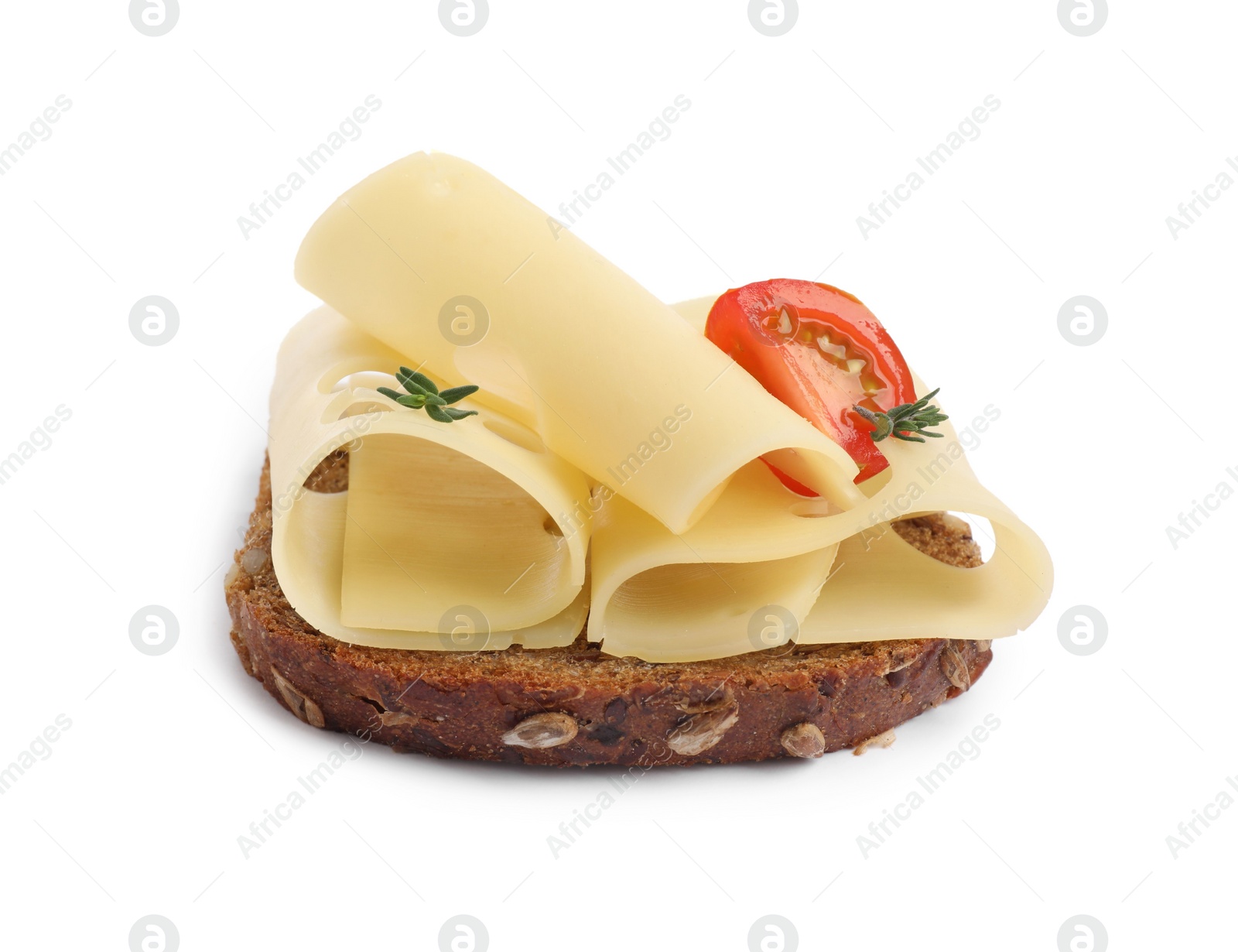 Photo of Tasty sandwich with slices of fresh cheese, tomato and thyme isolated on white