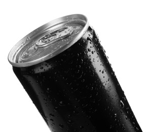 Photo of Black can of energy drink with water drops isolated on white, closeup. Mockup for design