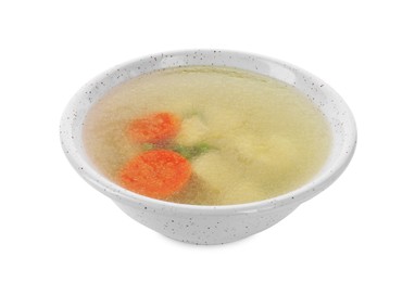 Photo of Tasty soup with vegetables in bowl isolated on white