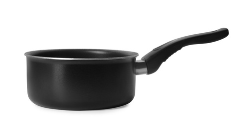 Photo of Empty modern black saucepan isolated on white