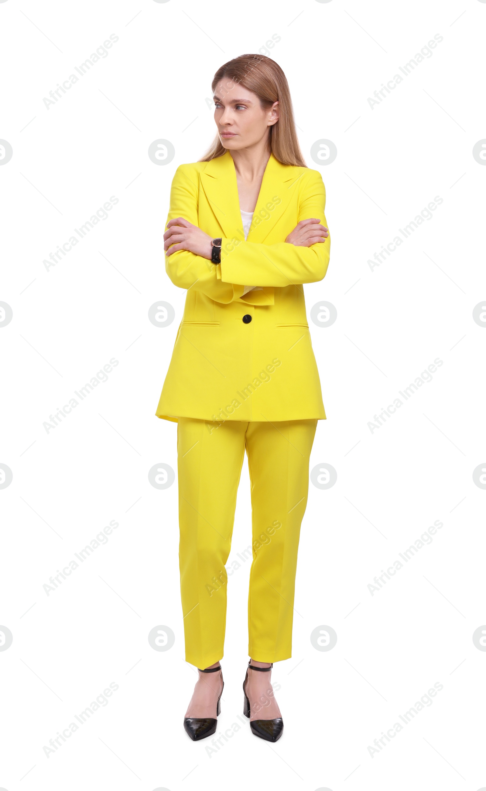 Photo of Beautiful businesswoman crossing arms on white background