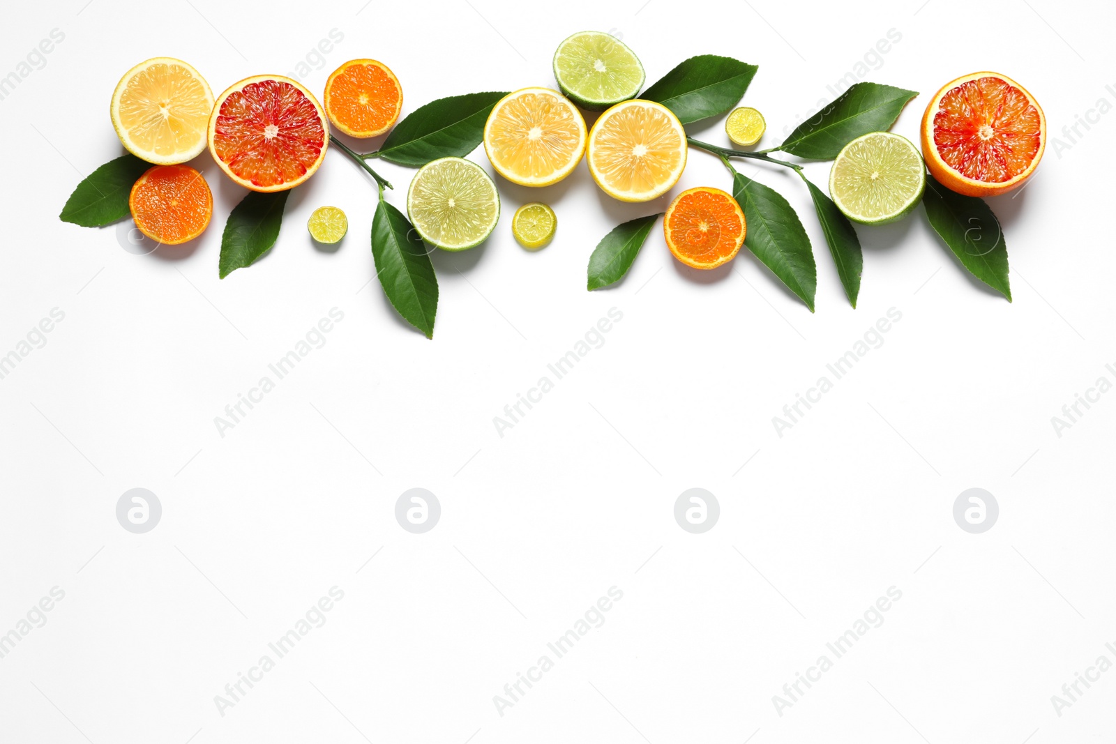 Photo of Flat lay composition with different citrus fruits on white background