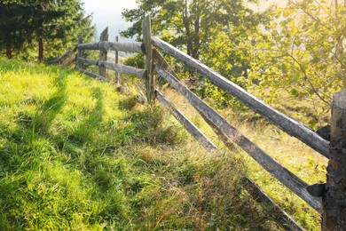 Photo of Wooden fence and bright green grass outdoors on sunny day
