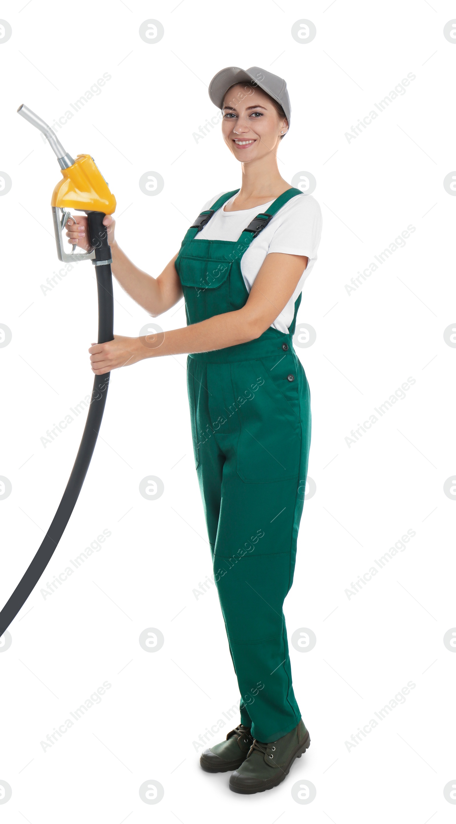 Photo of Gas station worker with fuel nozzle on white background