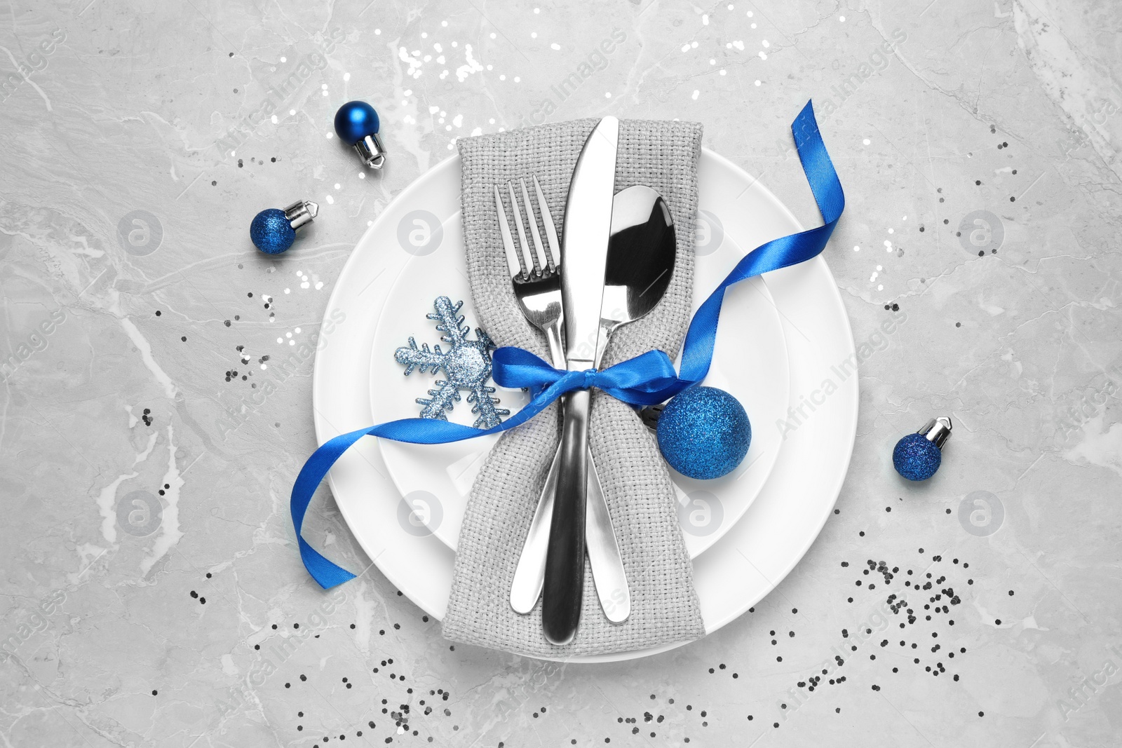 Photo of Beautiful Christmas table setting on grey background, flat lay