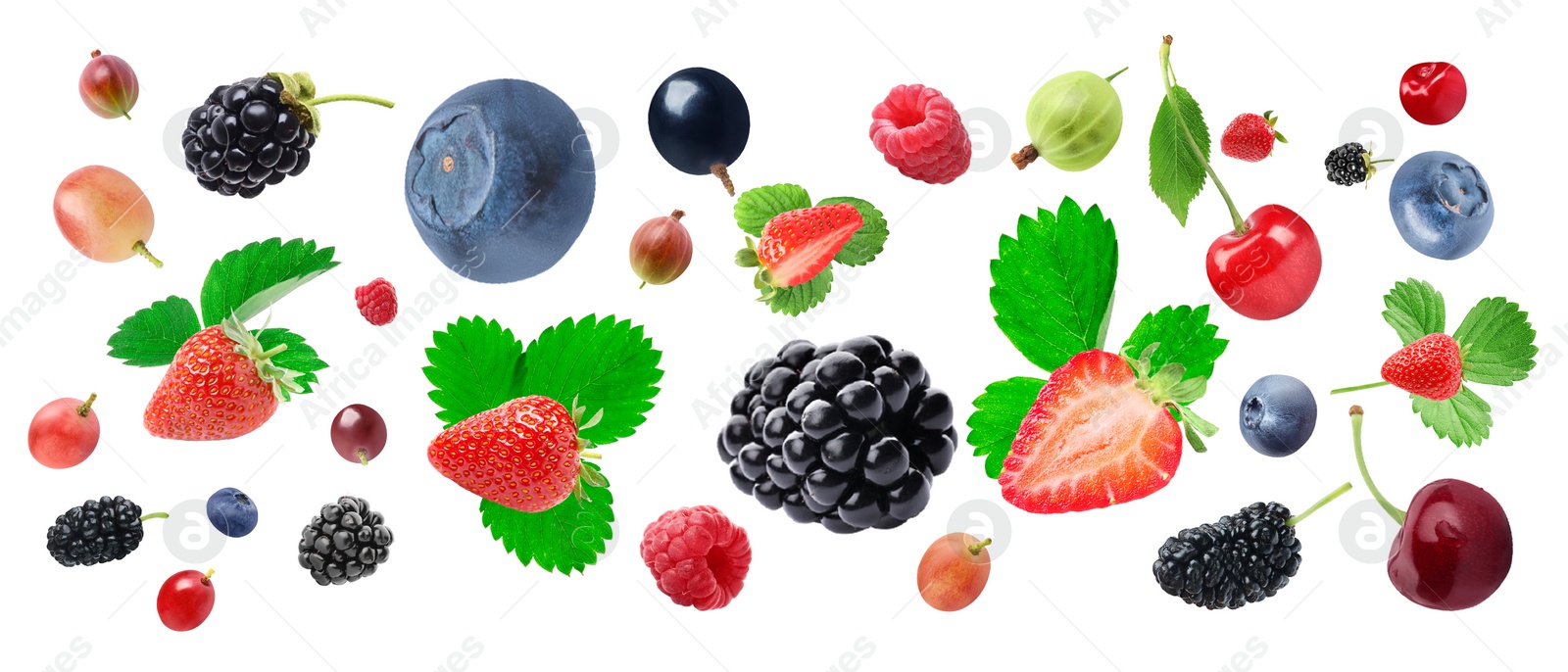 Image of Many different fresh berries falling on white background