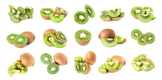 Image of Set with ripe kiwi fruits on white background, banner design