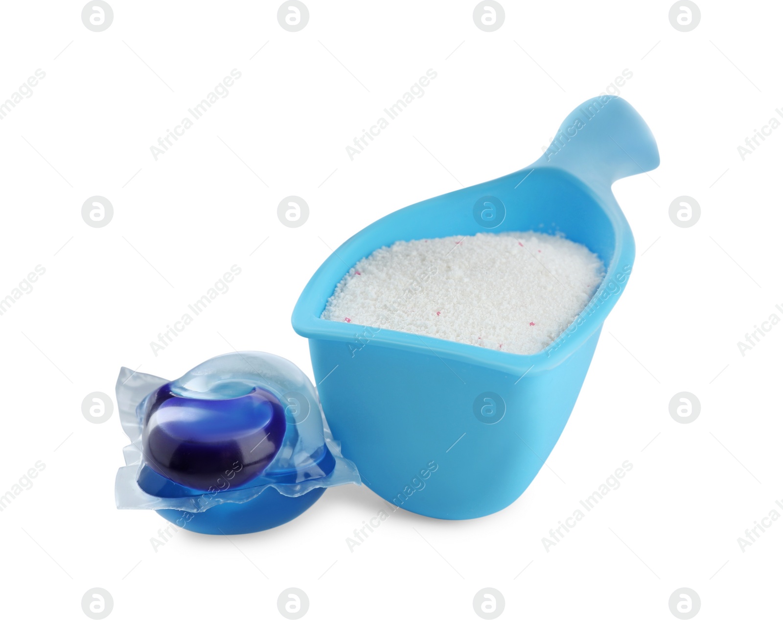 Photo of Color laundry capsule and detergent powder on white background