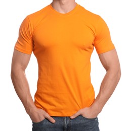 Photo of Man wearing orange t-shirt on white background, closeup. Mockup for design