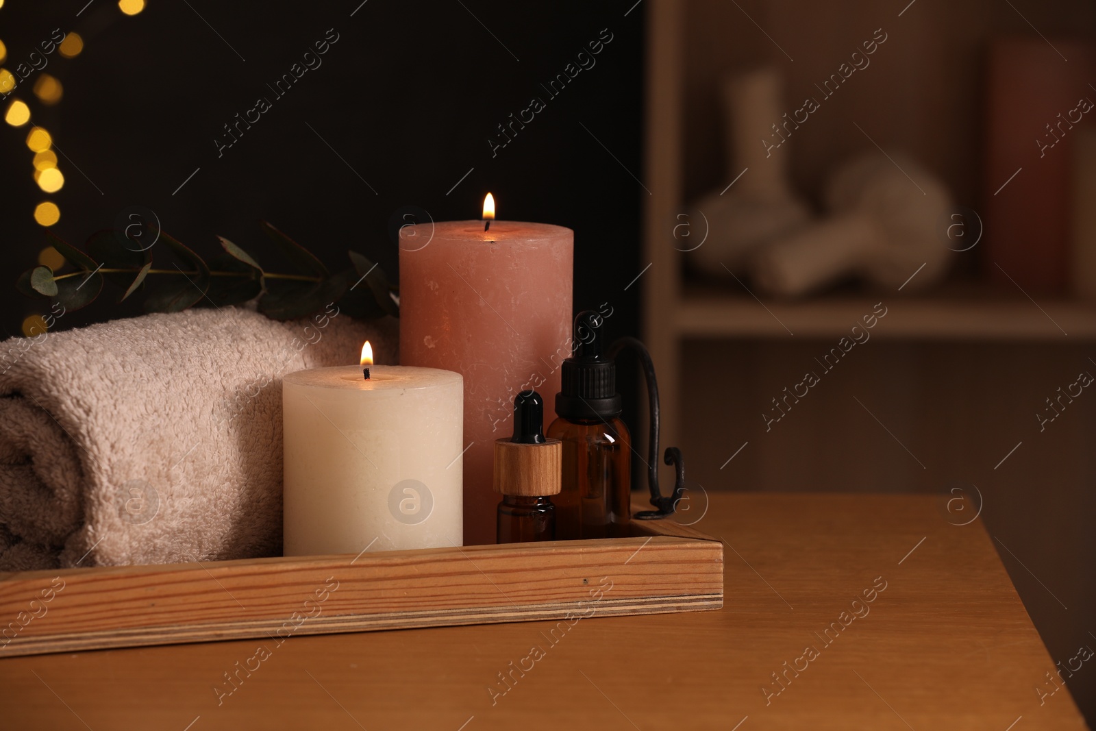 Photo of Beautiful composition with different spa products on table indoors, space for text