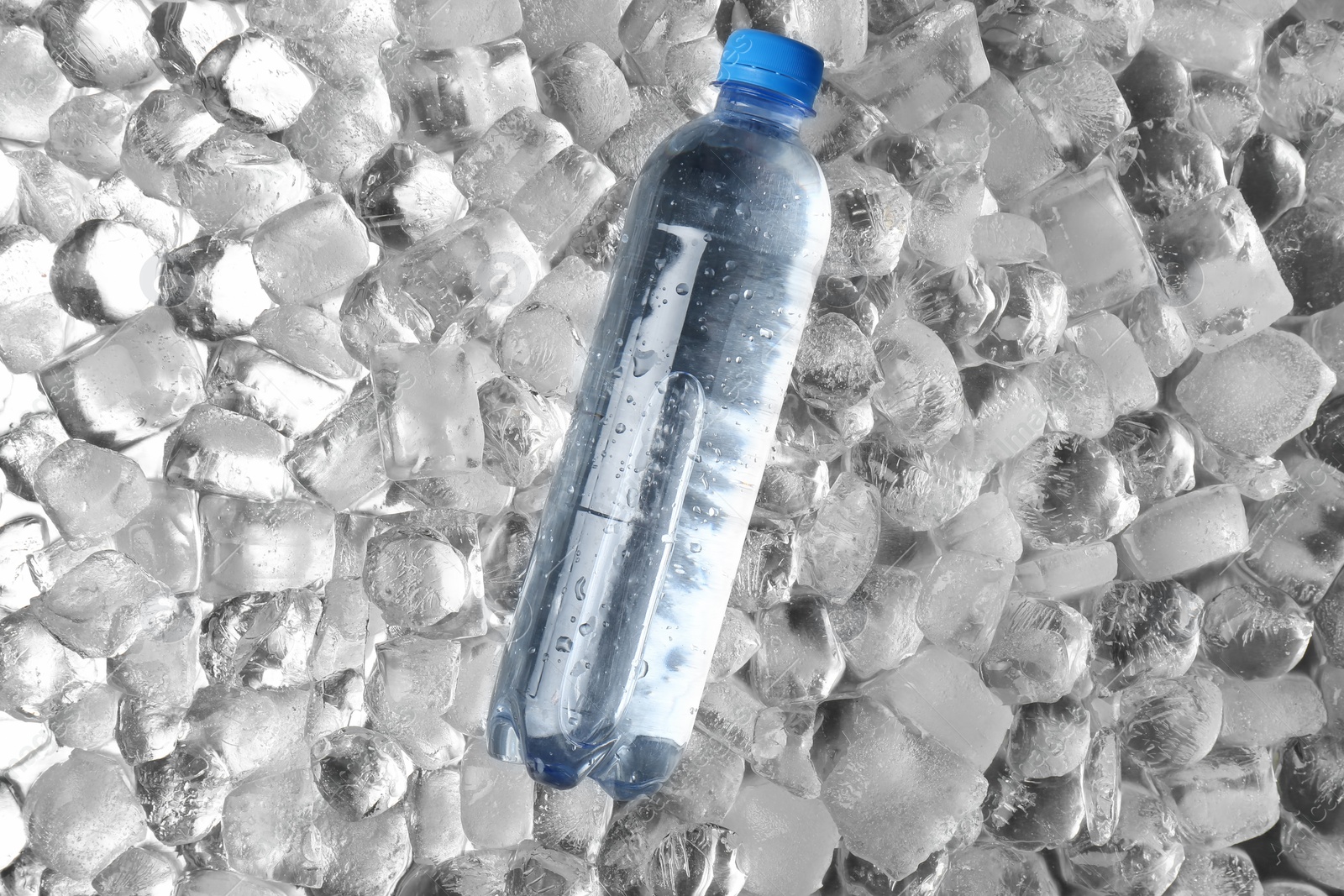 Photo of Bottle of water on ice cubes, top view