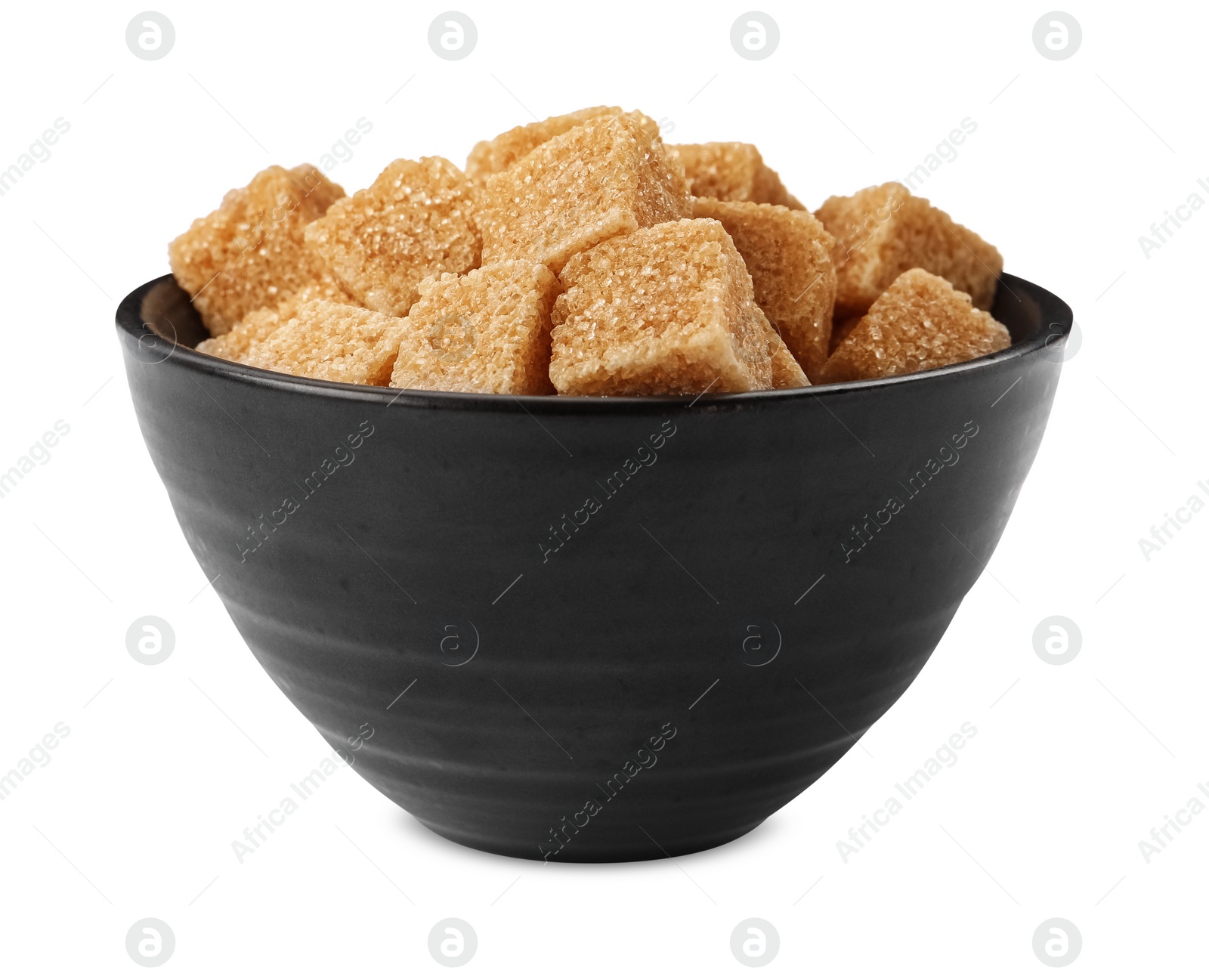 Photo of Bowl of brown sugar cubes isolated on white