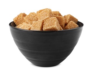 Photo of Bowl of brown sugar cubes isolated on white