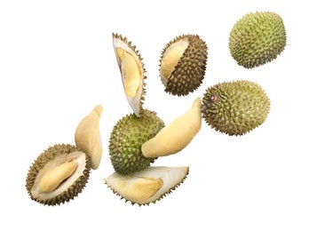 Image of Many ripe durian fruits falling on white background