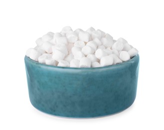 Photo of Bowl of delicious puffy marshmallows isolated on white