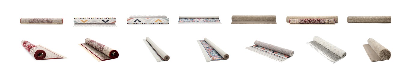 Image of Many different rolled carpets isolated on white, set