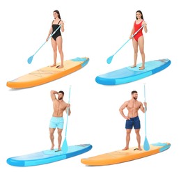 Image of Photos of young man and woman with sup boards isolated on white, collage