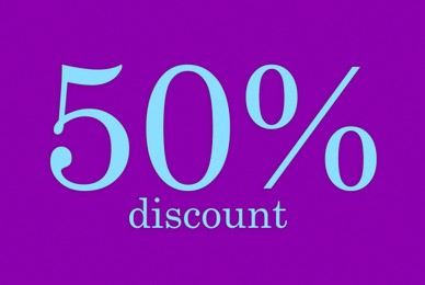 Inscription 50 percent discount on purple background, illustration