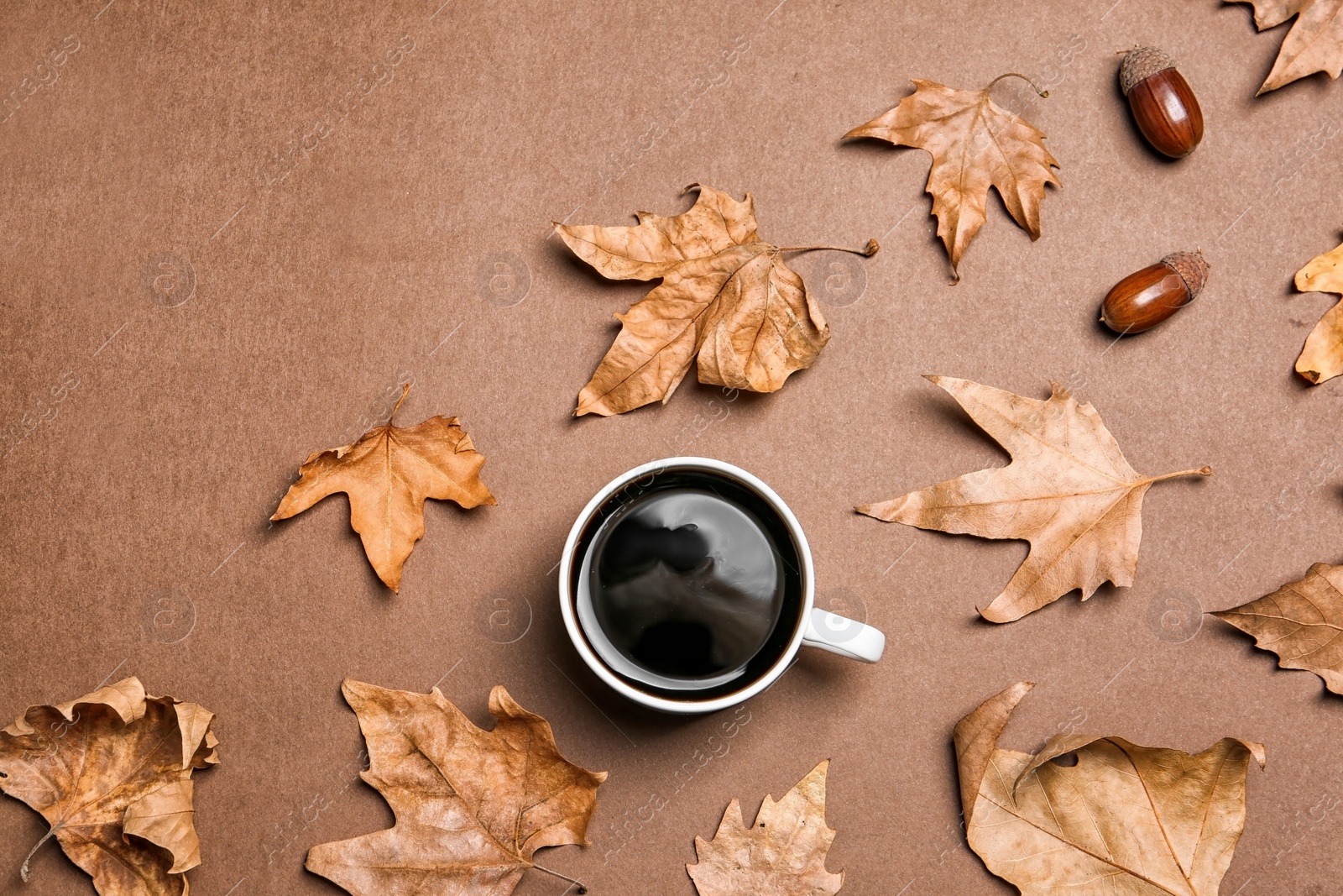 Photo of Flat lay composition with hot cozy drink and autumn leaves on color background. Space for text