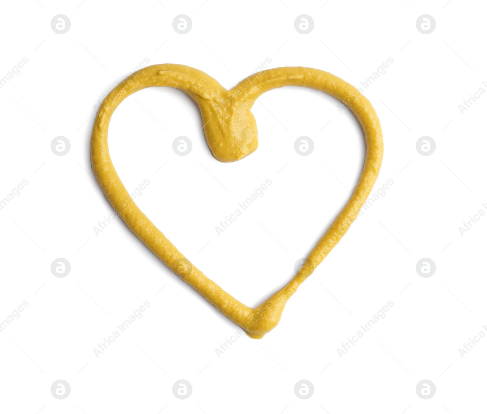 Photo of Heart made of mustard isolated on white, top view. Spicy sauce