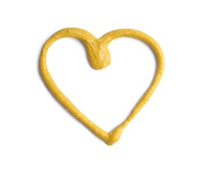 Photo of Heart made of mustard isolated on white, top view. Spicy sauce