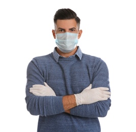 Photo of Man wearing protective face mask and medical gloves on white background