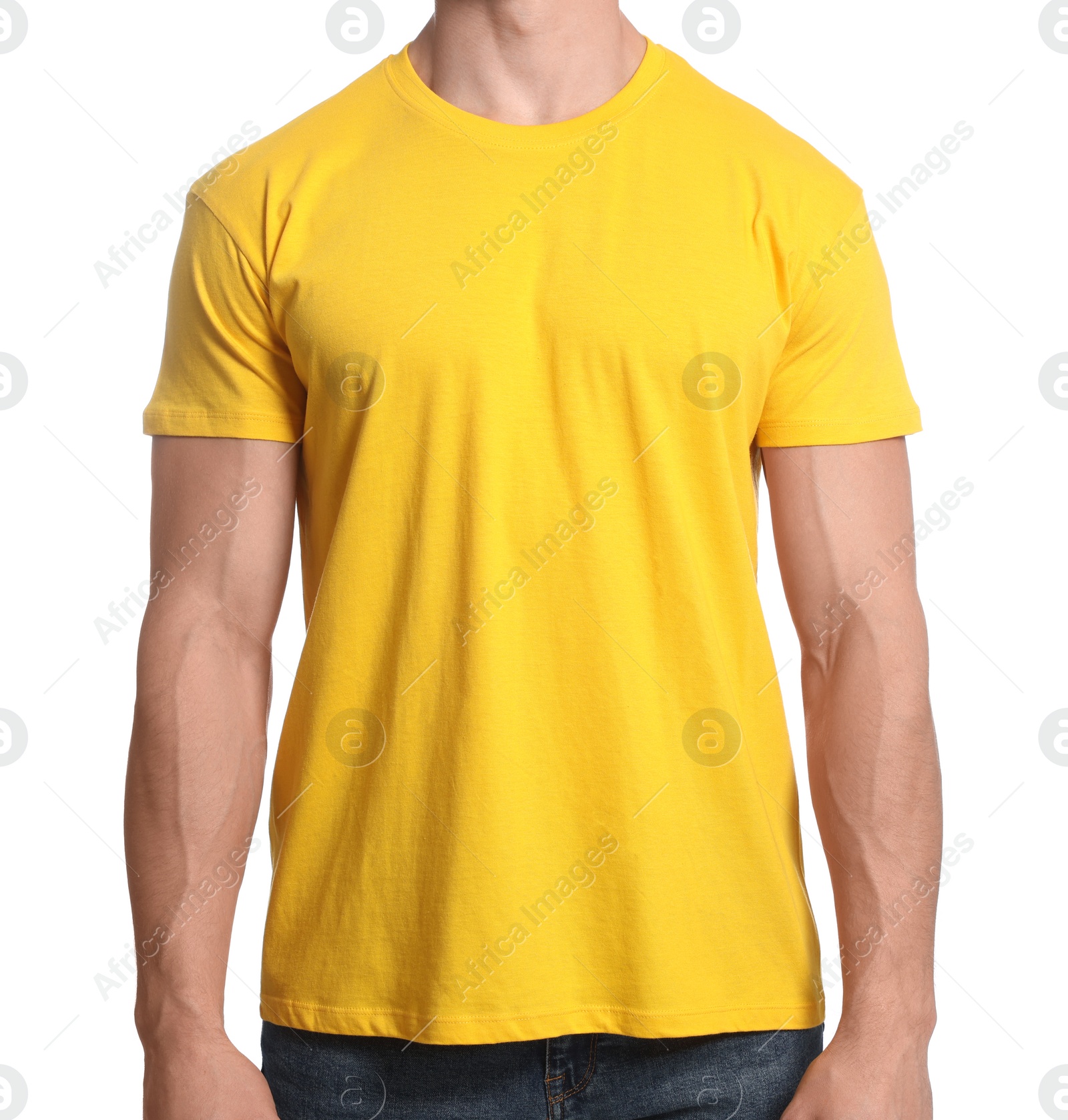 Photo of Man wearing yellow t-shirt on white background, closeup. Mockup for design