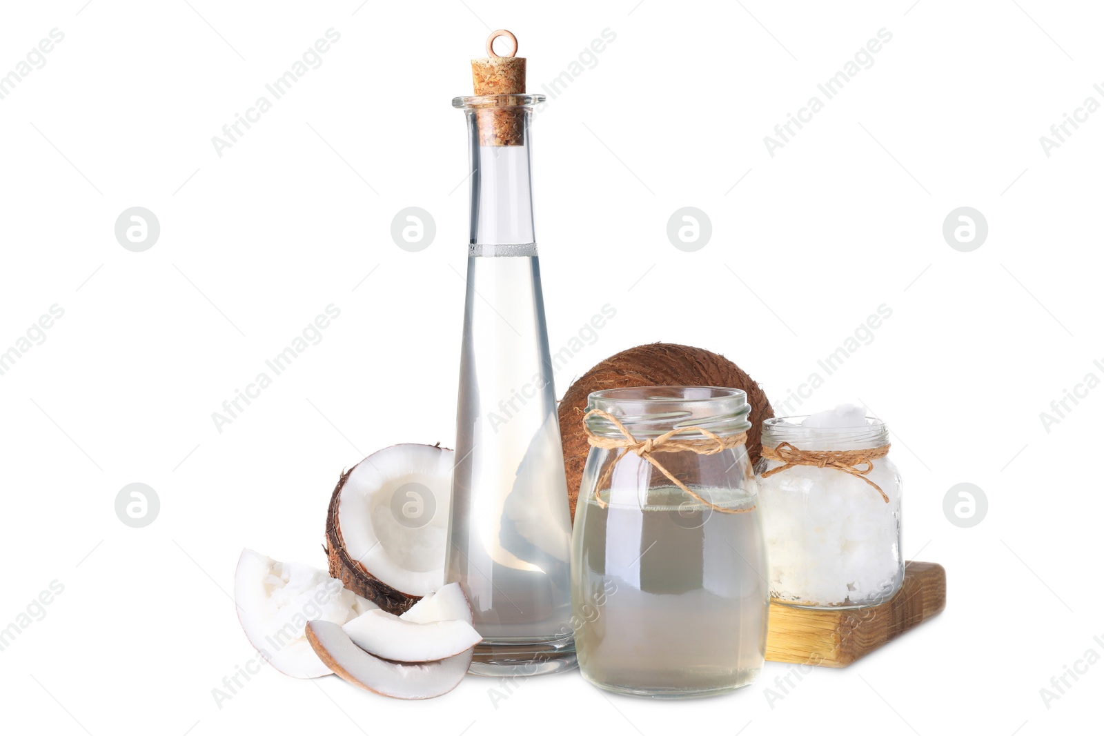 Photo of Composition with coconut oil on white background