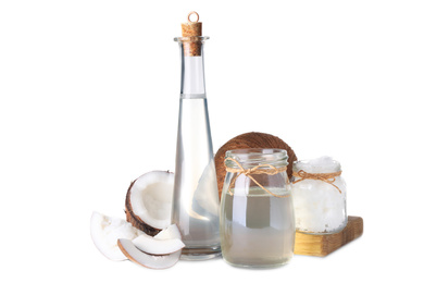 Photo of Composition with coconut oil on white background