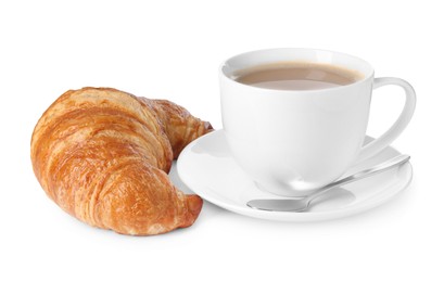 Photo of Delicious fresh croissant and cup of coffee isolated on white