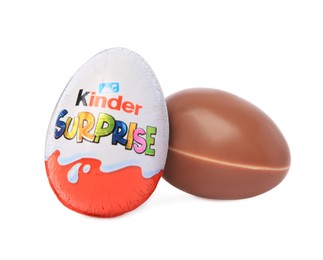 Photo of Slynchev Bryag, Bulgaria - May 23, 2023: Two Kinder Surprise Eggs on white background