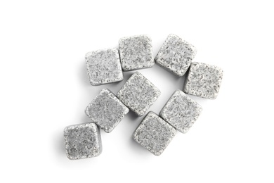 Photo of Whiskey stones on white background, top view