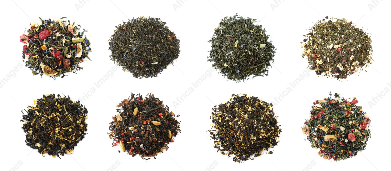 Image of Set with aromatic herbal tea on white background, top view. Banner design