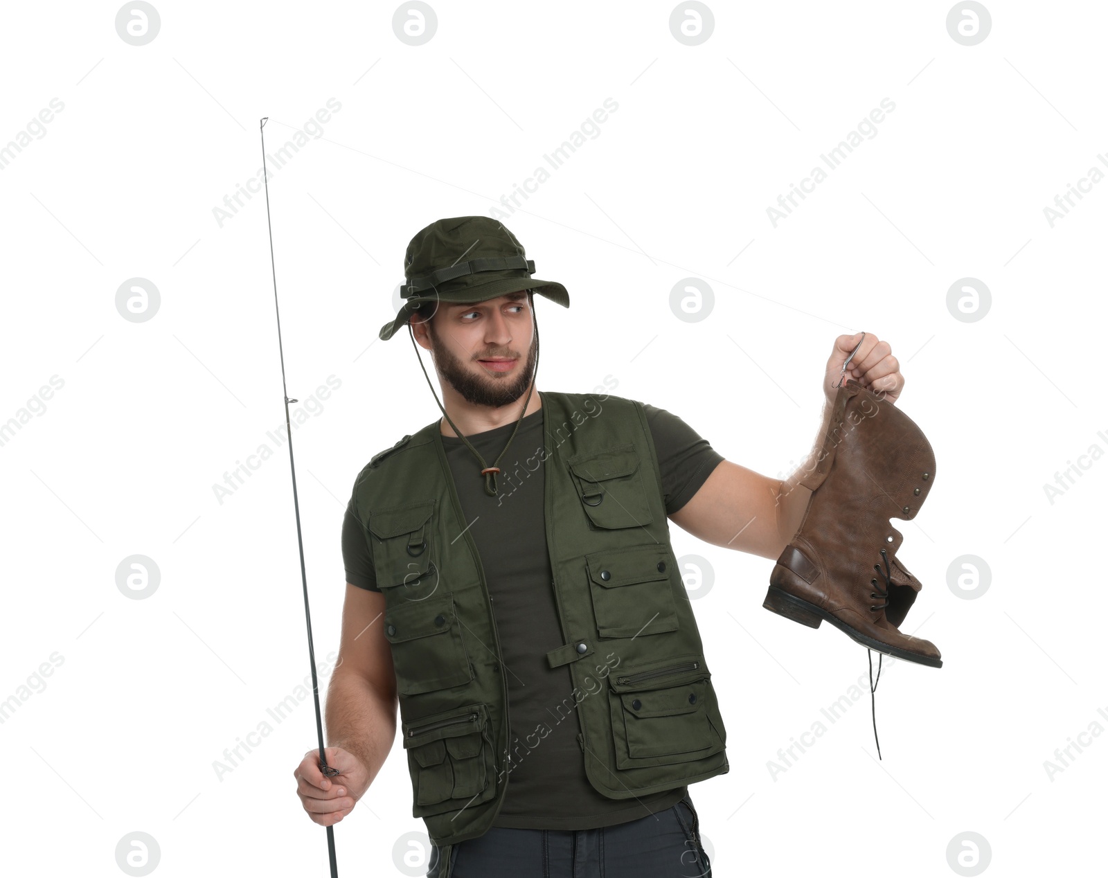 Photo of Confused fisherman with rod and old boot isolated on white