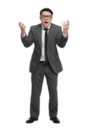Angry businessman in suit screaming on white background