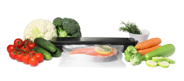 Photo of Vacuum packing sealer, plastic bag with salmon and different food products on white background