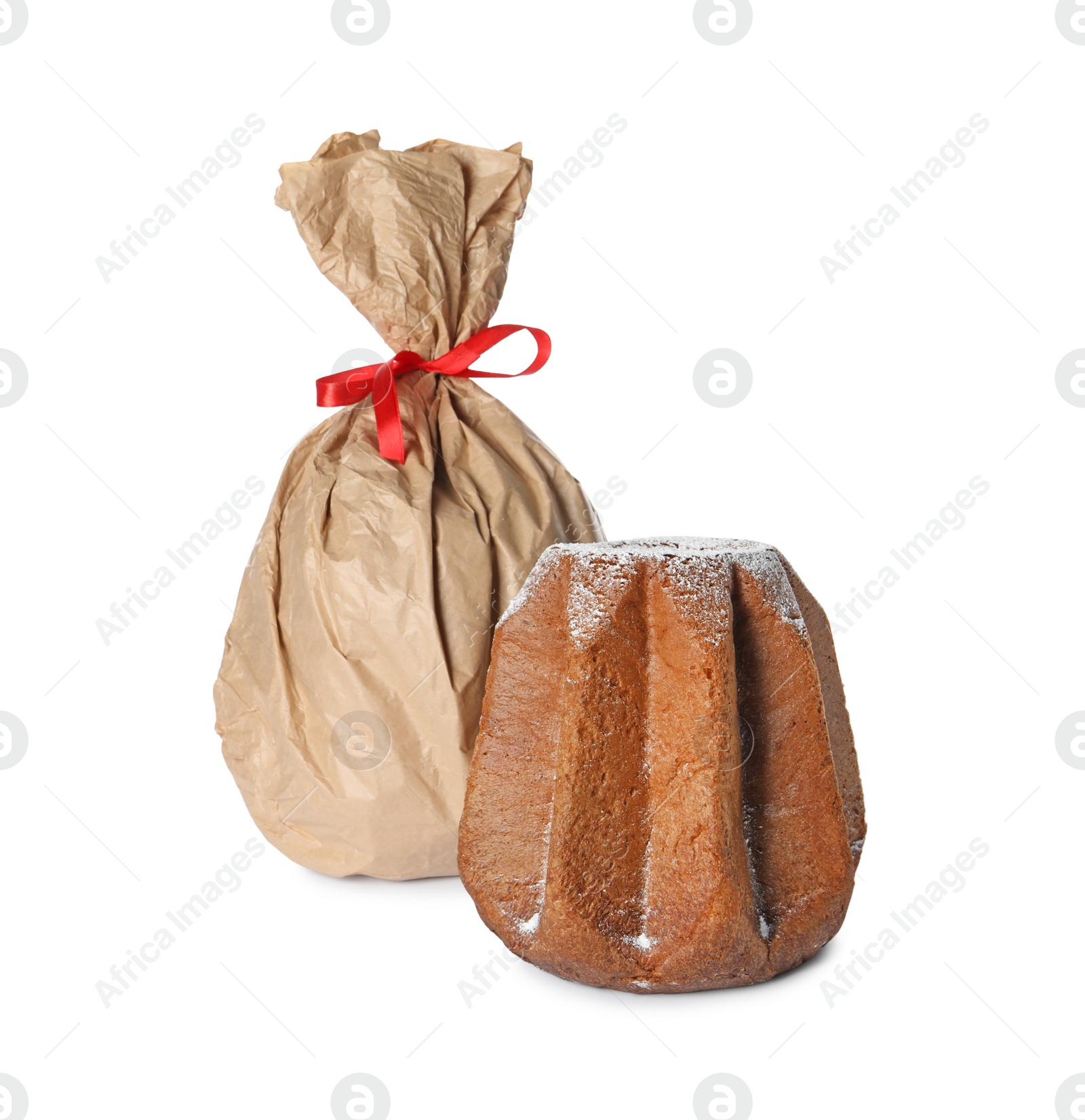 Photo of Delicious Pandoro cakes on white background. Traditional Italian pastry