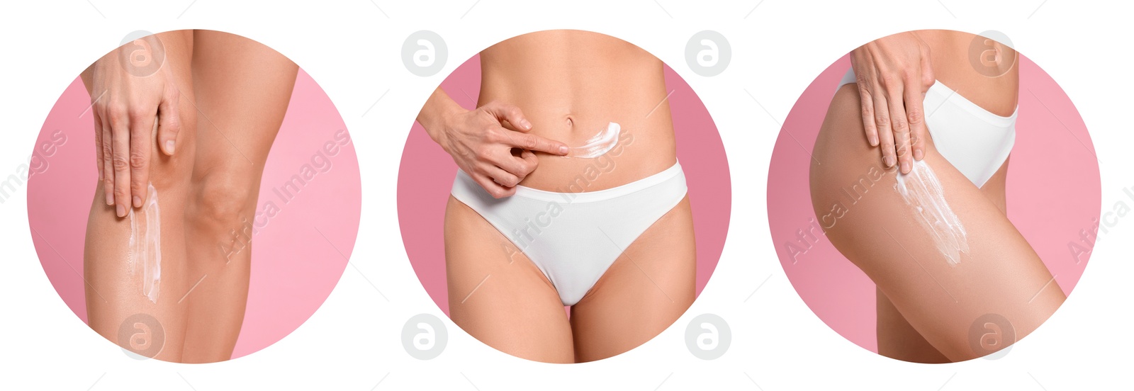 Image of Collage with photos of women applying body cream on white background, closeup. Banner design