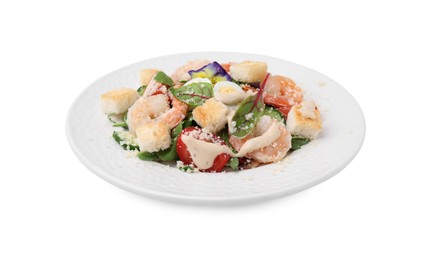 Photo of Plate of delicious Caesar salad with shrimps isolated on white