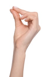 Photo of Woman snapping fingers on white background, closeup of hand