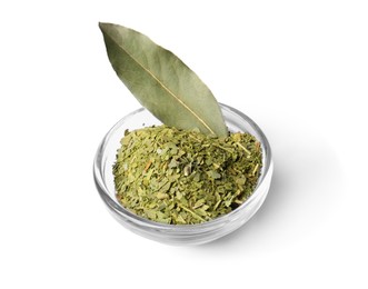 Photo of Whole and ground aromatic bay leaves on white background