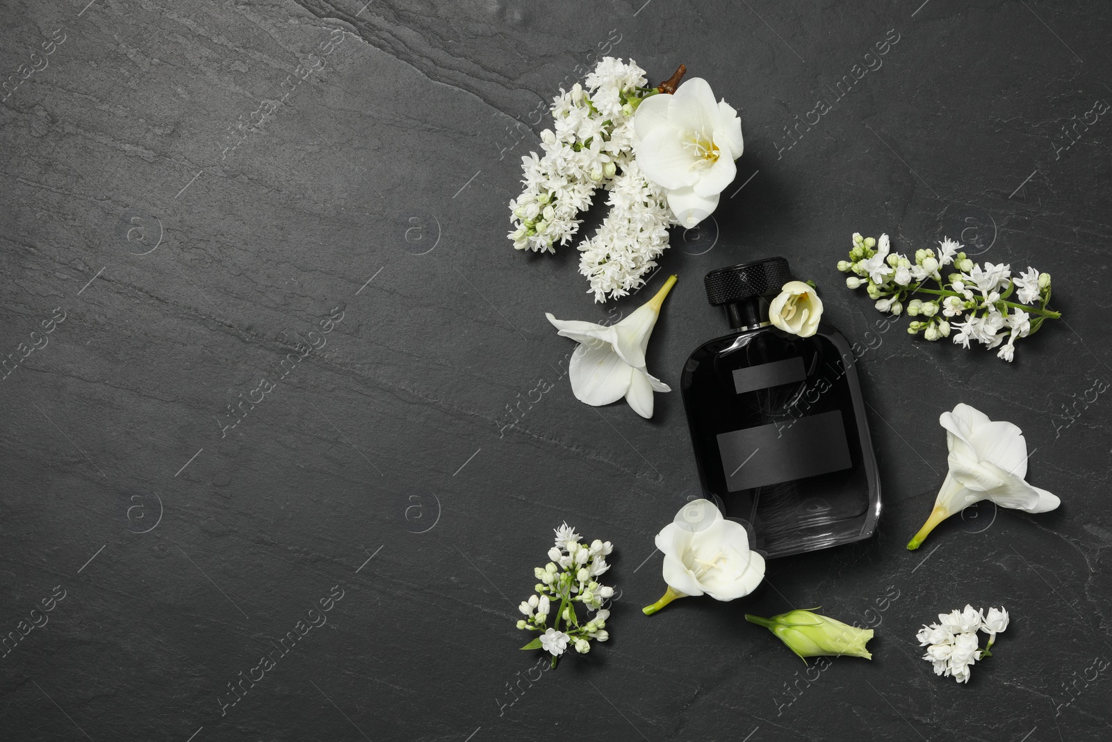 Photo of Bottle of luxury perfume and floral decor on black table, flat lay. Space for text