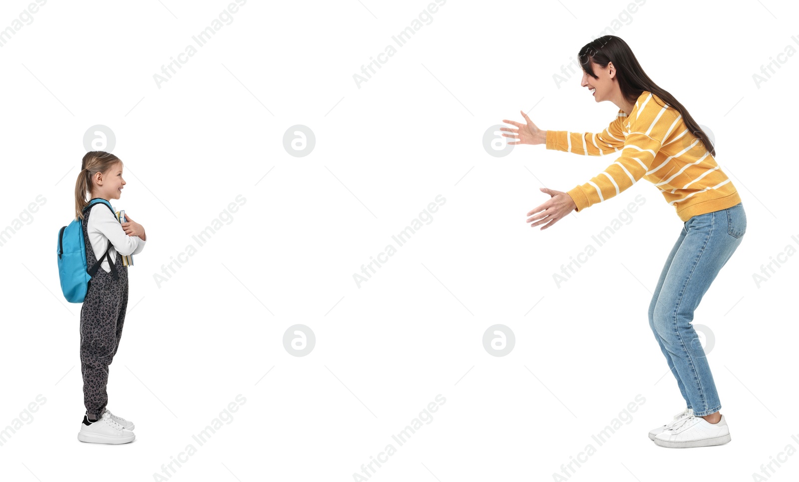 Image of Mother reaching for her daughter on white background