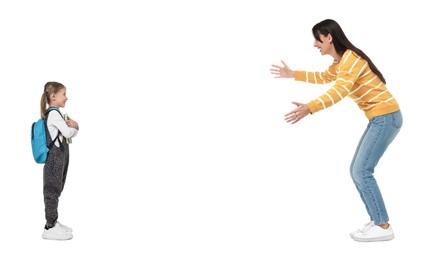 Image of Mother reaching for her daughter on white background