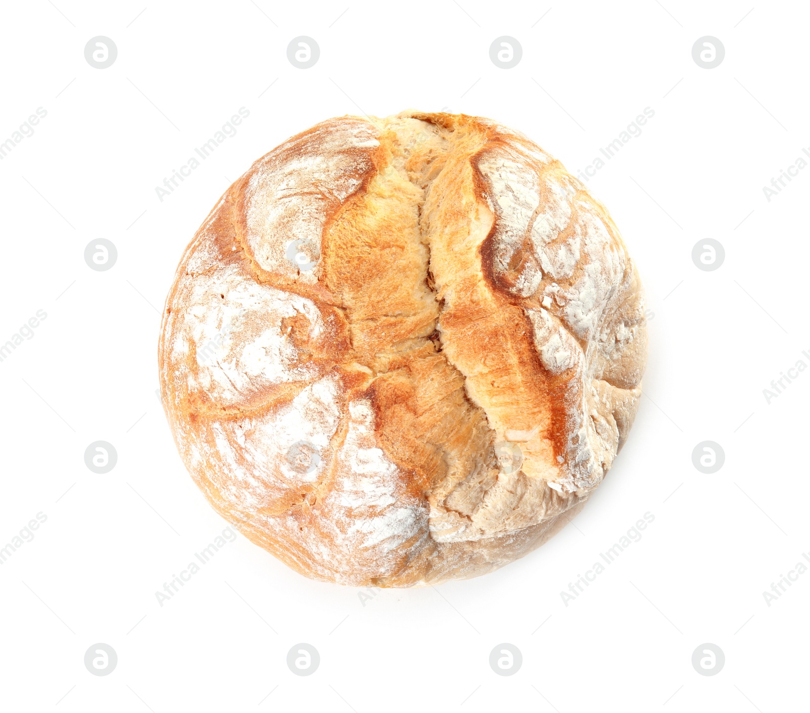 Photo of Loaf of fresh bread isolated on white, top view