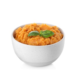 Bowl with mashed sweet potatoes on white background